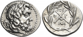 MESSENIA. Messene. Achaian League, Circa 175-168 BC. Hemidrachm (Silver, 16 mm, 2.44 g, 6 h). Laureate head of Zeus to right. Rev. Achaian League mono...