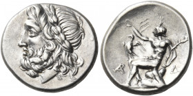ARKADIA, Arkadian League. Megalopolis. Circa 175-168 BC. Triobol (Silver, 15 mm, 2.42 g, 3 h). Laureate head of Zeus to left. Rev. Pan seated left on ...