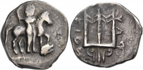 CRETE. Rhaukos. Circa 300-270 BC. Stater (Silver, 24 mm, 10.85 g, 2 h). Poseidon, nude, standing right, holding trident in his right hand and holding ...