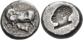 NORTHWEST ASIA MINOR. Uncertain mint. Circa 475-450 BC. Hemistater (Silver, 16.5 mm, 5.99 g, 2 h). Cow standing to left on a dotted groundline, her he...