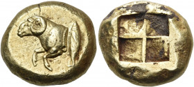 MYSIA. Kyzikos. Circa 550-500 BC. Stater (Electrum, 20 mm, 16.13 g). Forepart of a ram to left, with tunny fish swimming upwards at the truncation. Re...