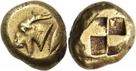 MYSIA. Kyzikos. Circa 550-500 BC. Stater (Electrum, 18 mm, 16.18 g). Head of a goat with long beard to left; below truncation, tunny fish swimming upw...
