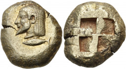 MYSIA. Kyzikos. Circa 550-500 BC. Stater (Electrum, 21 mm, 16.08 g). Bearded male head to left; below, tunny fish to left. Rev. Quadripartite incuse s...