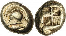 MYSIA. Kyzikos. Circa 500-450 BC. Stater (Electrum, 22 mm, 16.06 g). Head of a warrior wearing a Corinthian helmet to left - his eye can be seen in th...