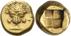MYSIA. Kyzikos. Circa 550-500 BC. Stater (Electrum, 18.5 mm, 15.43 g). Lion scalp facing; below, tunny fish swimming to left. Rev. Quadripartite incus...