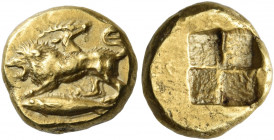 MYSIA. Kyzikos. Circa 550-500 BC. Hekte (Electrum, 12 mm, 2.72 g). Chimaera moving to left: with a lion's head and body, a goat's head and neck emergi...