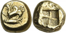 MYSIA. Kyzikos. Circa 550-500 BC. Stater (Electrum, 18 mm, 15.90 g). Griffin, raising right forepaw, standing left on tunny swimming to left. Rev. Qua...