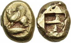 MYSIA. Kyzikos. Circa 500-450 BC. Stater (Electrum, 20 mm, 16.17 g). Winged dog seated left, his head turned back to right; below, tunny fish to left....