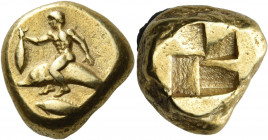MYSIA. Kyzikos. Circa 500-450 BC. Stater (Electrum, 19 mm, 15.93 g). Nude youth riding dolphin to left, holding a tunny by the tail in his right hand;...