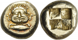 MYSIA. Kyzikos. Circa 500-450 BC. Stater (Electrum, 19 mm, 16.15 g). Gorgoneion facing, with open mouth, protruding tongue and serpent hair; below, tu...
