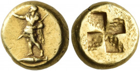 MYSIA. Kyzikos. Circa 400-330 BC. Hekte (Electrum, 10 mm, 2.67 g). Military man standing to left, diademed, wearing cloak hanging over his shoulders a...