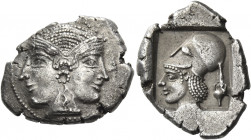 MYSIA. Lampsakos. Circa 500-450 BC. Drachm (Silver, 22 mm, 5.05 g, 11 h). Janiform female head, wearing a double stephane and a circular earring. Rev....