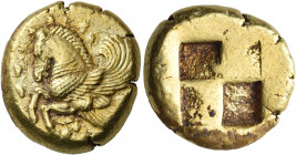 MYSIA. Lampsakos. Circa 412 BC. Stater (Electrum, 20.5 mm, 15.23 g). Forepart of Pegasos with curved wings to left, surrounded by a vine with leaves a...
