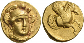 MYSIA. Lampsakos. Circa 400-370 BC. Stater (Gold, 18 mm, 8.45 g, 12 h). Head of Athena facing, turned slightly to the right, wearing a triple-crested ...