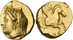 MYSIA. Lampsakos. Circa 360. Stater (Gold, 17 mm, 8.45 g, 11 h). Veiled head of Demeter to left, wearing a wreath of lotus flowers, pendant earring an...