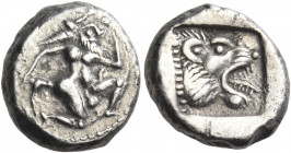 TROAS. Assos. Circa 500-480 BC. Drachm (Silver, 14 mm, 3.57 g, 7 h). Ithyphallic satyr, with a full beard and long hair falling behind his head in que...