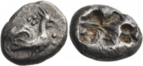 TROAS. Dardanos. Circa 550-500 BC. Drachm (Silver, 16 mm, 5.24 g), silver proto-coin, c. 550. Cock standing to right, above, quatrefoil of pellets; be...