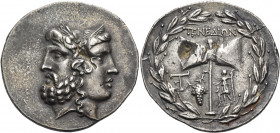 ISLANDS OFF TROAS, Tenedos. Circa 100-70 BC. Tetradrachm (Silver, 36 mm, 16.58 g, 12 h). Janiform head composed of a laureate and bearded head of Zeus...