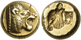 LESBOS. Mytilene. Circa 521-478 BC. Hekte (Electrum, 9 mm, 2.59 g, 9 h). Head of lion with open jaws to right; dotted truncation. Rev. Head of a calf ...