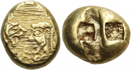 IONIA. Uncertain mint, Miletus? Circa 650-600 BC. Hemistater (Electrum, 15 mm, 7.21 g), Milesian standard. On the left, forepart of a roaring lion to ...