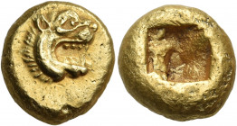 IONIA. Uncertain mint, perhaps Smyrna. Circa 600-550 BC. Hemistater (Electrum, 16 mm, 8.38 g), Phokaic standard. Head of a roaring lion to right, his ...