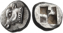 IONIA. Uncertain mint. Circa 550-500 BC. Obol (Silver, 9 mm, 0.99 g). Head of a calf to left, with his neck truncation marked off by a band of pellets...