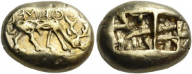 IONIA. Ephesos. Phanes, circa 625-600 BC. Trite (Electrum, 14 mm, 4.67 g). ΦΑΝΕΟΣ ( retrograde in archaic letters ) Stag grazing right, with its body ...