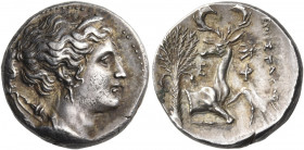 IONIA. Ephesos. Circa 340-325 BC. Octobol (Silver, 17.5 mm, 5.04 g, 12 h), Rhodian standard, struck under the magistrate Themistagoras. Diademed bust ...