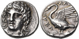 IONIA. Klazomenai. Circa 370-360 BC. Drachm (Silver, 16 mm, 4.17 g, 1 h), struck under the magistrate Apollas. Laureate head of Apollo facing, turned ...