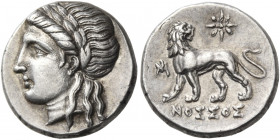 IONIA. Miletos. Circa 340-325 BC. Drachm (Silver, 15 mm, 3.68 g, 12 h), struck under the magistrate, Nossos. Laureate head of Apollo to left. Rev. Lio...