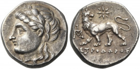 IONIA. Miletos. Circa 340-325 BC. Drachm (Silver, 14.0 mm, 3.53 g, 11 h), struck under the magistrate Metrodoros. Laureate head of Apollo to left. Rev...
