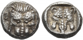 ASIA MINOR, Perhaps the area of Caria. Uncertain mint. Earlier 5th century BC. Obol (Silver, 8 mm, 0.90 g, 4 h). Lion's scalp facing; to left, either ...
