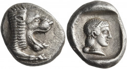 CARIA. Knidos. Circa 449-411 BC. Drachm (Silver, 17 mm, 6.07 g, 8 h). Forepart of lion to right, with open jaws and outstretched right paw. Rev. Diade...