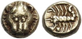 CARIA. Mylasa. Mid 6th century BC. Tetartemorion or 1/48th Stater (Electrum, 4.5 mm, 0.31 g, 6 h). Lion's head facing. Rev. Scorpion within shallow in...