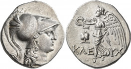 PAMPHYLIA. Side. Circa 145-125 BC. Tetradrachm (Silver, 28 mm, 15.88 g, 12 h), struck under the magistrate Kleuch... Head of Athena to right, wearing ...