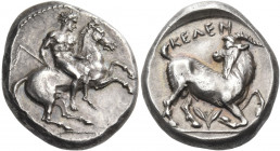 CILICIA. Kelenderis. Circa 410-375 BC. Stater (Silver, 22 mm, 10.69 g, 12 h). Nude youth, holding whip in his right hand and the reins in his left, se...