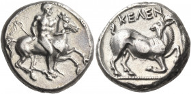 CILICIA. Kelenderis. Circa 410-375 BC. Stater (Silver, 21 mm, 10.61 g, 6 h). Nude youth, holding whip in right hand, dismounting from horse rearing ri...