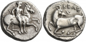 CILICIA. Kelenderis. Circa 410-375 BC. Stater (Silver, 20.5 mm, 10.79 g, 6 h). Nude youth, holding whip in his right hand and the reins in his left, s...