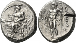 CILICIA. Nagidos. Circa 420-385 BC. Stater (Silver, 22 mm, 10.75 g, 6 h). Aphrodite, draped to the waist, seated to left, on a throne with a broad top...