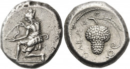 CILICIA. Soloi. Circa 410-375 BC. Stater (Silver, 22 mm, 10.68 g, 12 h). Amazon, nude to the waist, kneeling to left and stringing her bow; wearing bo...