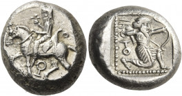 CILICIA. Tarsos. Circa 440-410 BC. Stater (Silver, 19 mm, 10.63 g, 9 h). Horseman (Syennesis?) riding a horse walking to left, wearing kyrbasia, holdi...