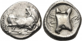 CYPRUS. Paphos. Ti.... ?, circa 470-450 BC. Stater (Silver, 21.5 mm, 11.18 g, 1 h). Man-headed bull - the river god Bokaros - moving to right on pelle...