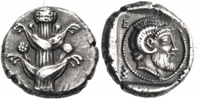 KYRENAICA. Euhesperides. Circa 450 BC. Drachm (Silver, 14.5 mm, 3.38 g). Silphium plant with two pairs of leaves and five umbels. Rev. Ε - Υ - Ε - Σ W...