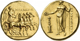 KYRENAICA. Kyrene. Ophellas, Ptolemaic Governor, second reign, 312-309 BC. Stater (Gold, 17.5 mm, 8.61 g, 5 h), Polyanthes. ΚΥΡΑΝΑΙΟΝ Nike, holding go...