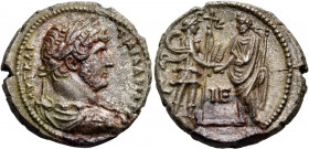 EGYPT. Alexandria. Hadrian, 117-138. Tetradrachm (Billon, 25.20 mm, 12.58 g, 12 h), year IE = 15 = 130-131. AΥΤ ΚΑΙ ΤΡΑΙ ΑΔΡΙA CEΒ Laureate, draped an...