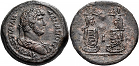 EGYPT. Alexandria. Hadrian, 117-138. Drachm (Bronze, 34.00 mm, 26.91 g, 11 h), year IH = 18 = 133-134. ΑΥΤ ΚΑΙC ΤΡΑΙΑΝ・ - ΑΔΡΙΑΝΟC CEB Laureate, drape...