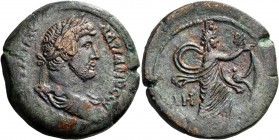 EGYPT. Alexandria. Hadrian, 117-138. Drachm (Bronze, 34.00 mm, 26.05 g, 12 h), year IH = 18 = 133-134. ΑΥΤ ΚΑΙC ΤΡΑΙΑΝ ΑΔΡΙΑΝΟC CEB Laureate, draped a...