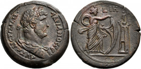 EGYPT. Alexandria. Hadrian, 117-138. Drachm (Bronze, 35.00 mm, 28.55 g, 11 h), year IH = 18 = 133-134. ΑΥΤ ΚΑΙC ΤΡΑΙΑΝ ・- ΑΔΡΙΑΝΟC CEB Laureate, drape...