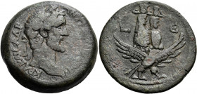 EGYPT. Alexandria. Antoninus Pius, 138-161. Drachm (Bronze, 33.00 mm, 23.68 g, 12 h), year E = 5 = 141-142. ΑYΤOΚPA KAIC ΑΔΡ - ΑΝΤ[ωΝΙΝΟC] Laureate he...