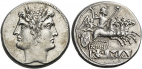 Anonymous, c. 225-214/212 BC. Quadrigatus (Silver, 26 mm, 6.57 g, 7 h), Rome. Laureate janiform head of the Dioscuri with tall, thin heads and separat...